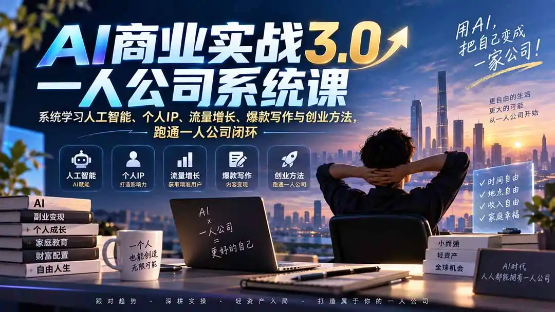 AI商业实战3.0一人公司系统课:系统学习人工智能、个人IP、流量增长、爆款写作与创业方法,跑通一人公司闭环-科技美南博客