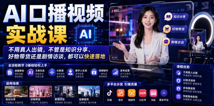 AI口播视频实战课，不用真人出镜，不管是知识分享、好物带货还是剧情访谈，都可以快速落地-科技美南博客