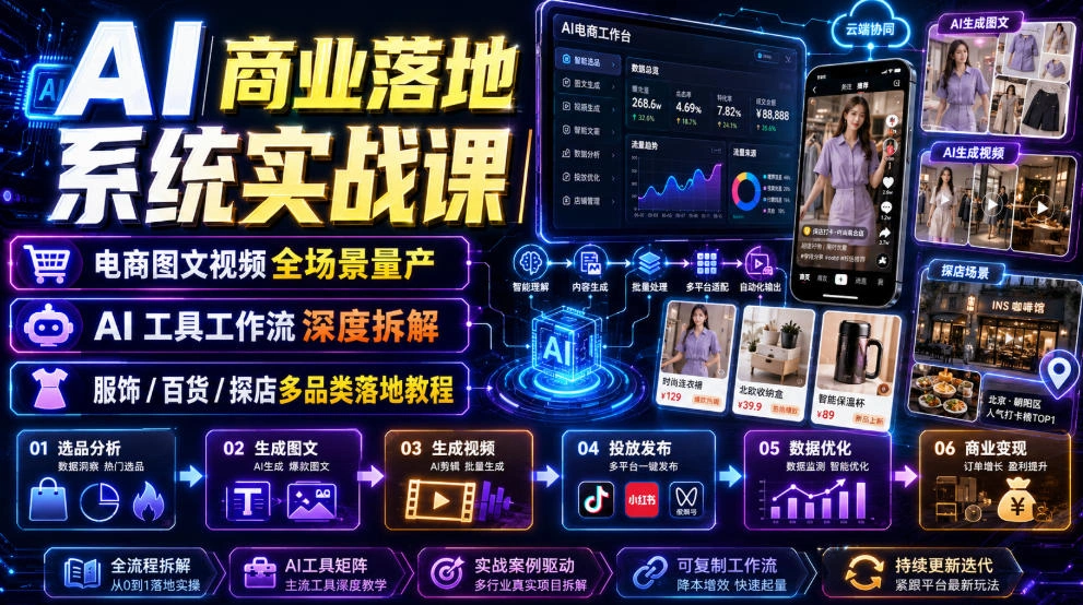 AI商业落地系统实战课｜电商图文视频全场景量产・AI工具工作流深度拆解・服饰/百货/探店多品类落地教程-科技美南博客