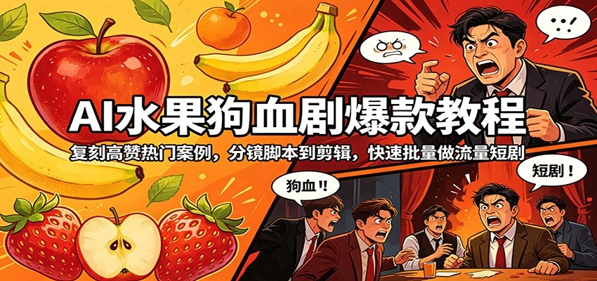 AI水果狗血剧爆款教程：复刻高赞热门案例，分镜脚本到剪辑，快速批量做流量短剧-科技美南博客