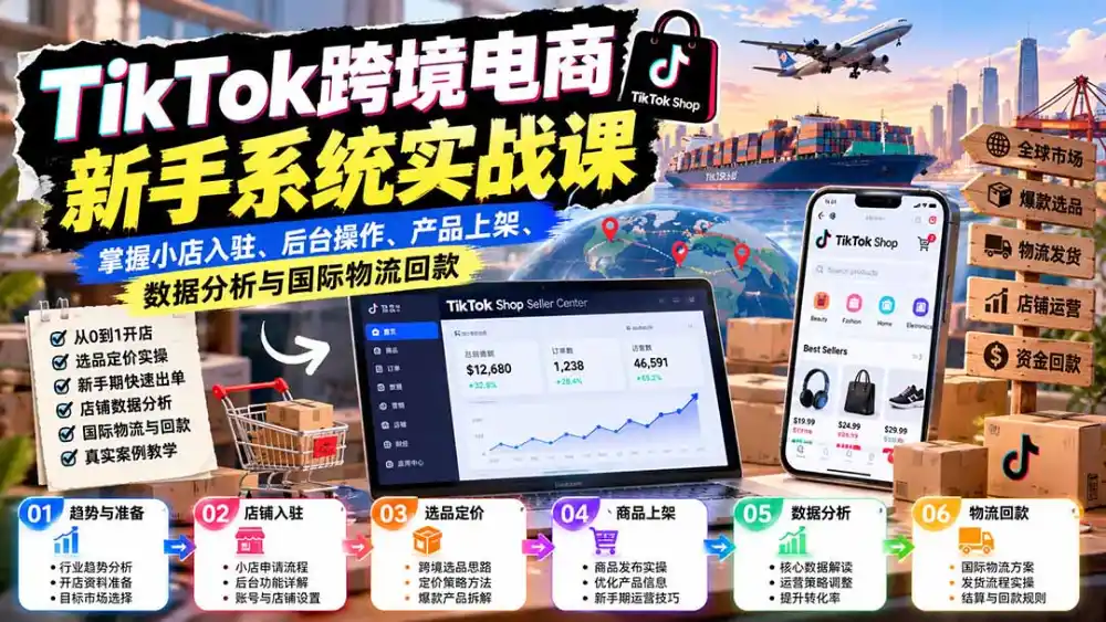 TikTok跨境电商新手系统实战课:掌握小店入驻、后台操作、产品上架、数据分析与国际物流回款-科技美南博客