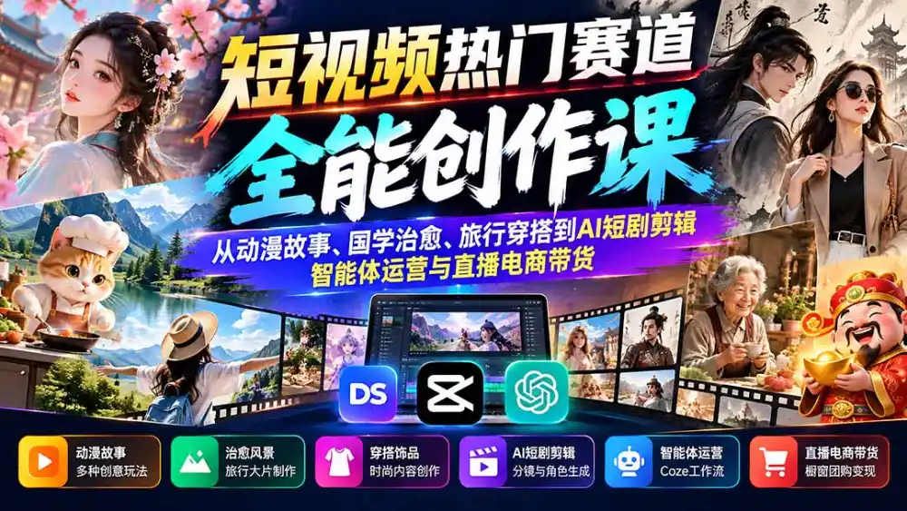 短视频热门赛道全能创作课：从动漫故事、国学治愈、旅行穿搭到AI短剧剪辑、智能体运营与直播电商带货-科技美南博客