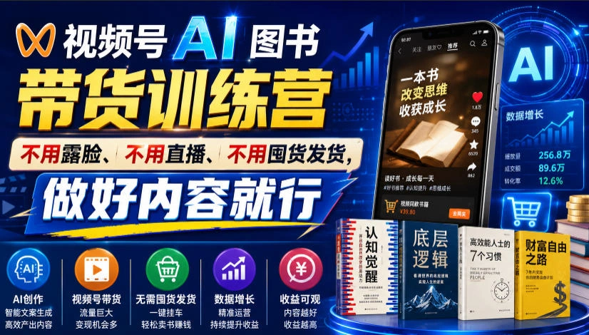 视频号AI图书带货训练营，不用露脸、不用直播、不用囤货发货，做好内容就行，一条爆款视频佣金8942-科技美南博客