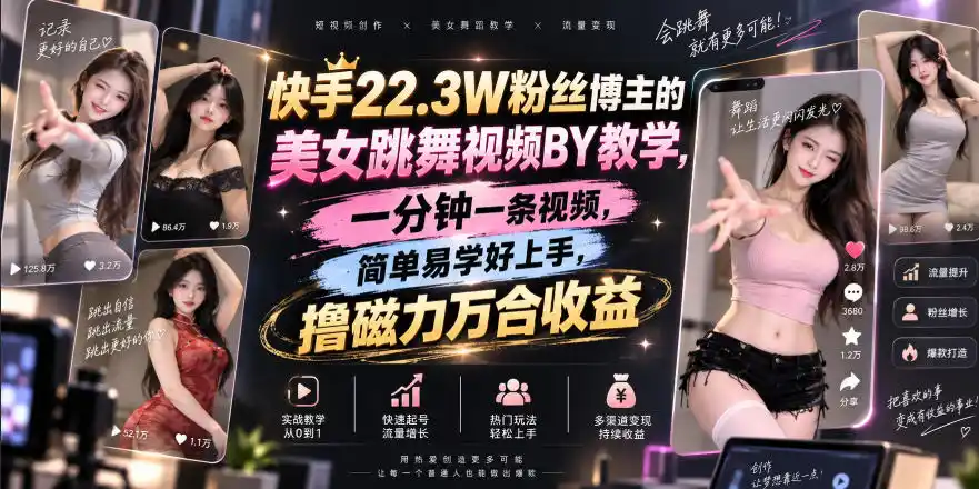 快手22.3W粉丝博主的美女跳舞视频搬运教学,快手MT搬运,一分钟一条视频,简单易学好上手,撸磁力万合收益-科技美南博客
