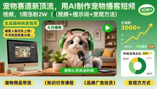 宠物赛道新顶流，用AI制作宠物播客短视频，1周涨粉2W(视频+提示词+变现方法)-科技美南博客