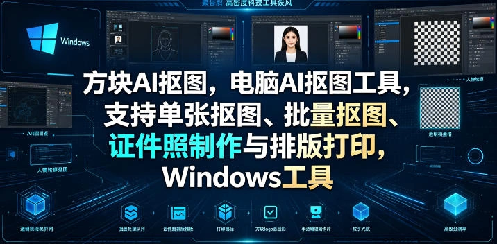 方块AI抠图,电脑AI抠图工具,支持单张抠图、批量抠图、证件照制作与排版打印,Windows工具