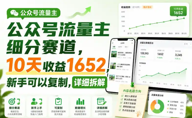 公众号流量主细分赛道，10天收益1652，新手可以复制，详细拆解-科技美南博客