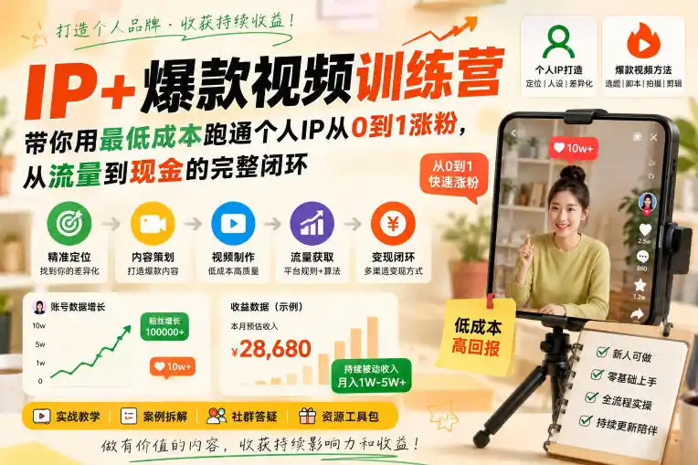IP+爆款视频训练营,带你用最低成本跑通个人IP从0到1涨粉,从流量到现金的完整闭环-科技美南博客
