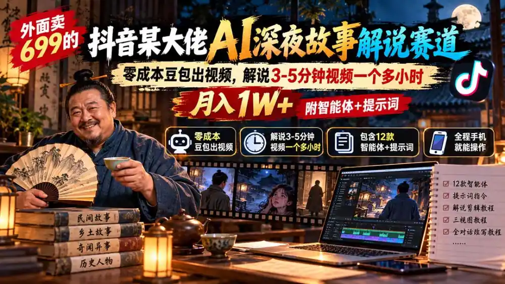 外面卖699抖音某大佬AI深夜故事解说赛道-更新：0成本豆包出视频+解说3-5分钟视频一个多小时，月入1W+附智能体+提示词-科技美南博客