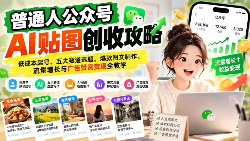 普通人公众号AI贴图创收攻略：低成本起号、五大赛道选题、爆款图文制作、流量增长与广告赞赏变现全教学-科技美南博客