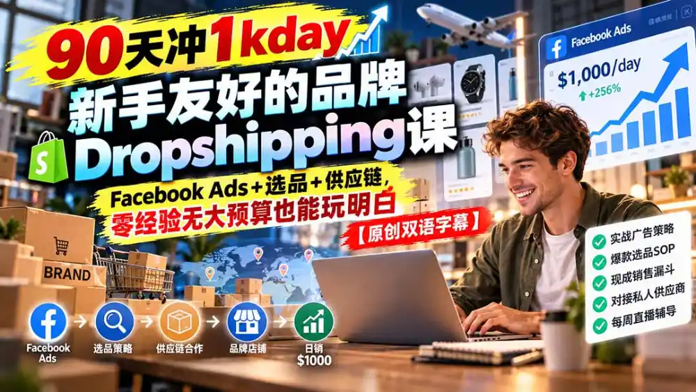 90天冲1kday 新手友好的品牌Dropshipping课：Facebook Ads+选品+供应链，零经验无大预算也能玩明白【原创双语字幕】-科技美南博客