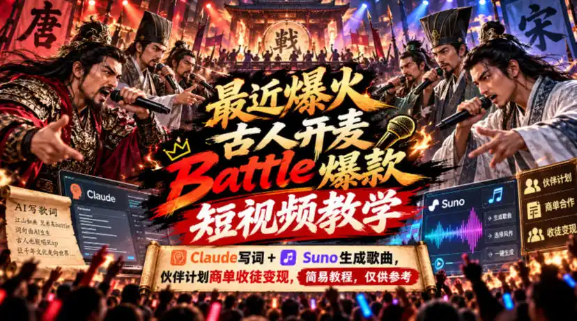 最近爆火古人开麦Battle爆款短视频教学，Claude写词+Suno生成歌曲，伙伴计划商单收徒变现，简易教程，仅供参考-科技美南博客