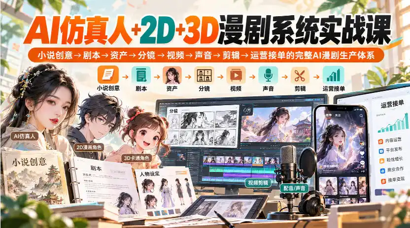 【无水印】AI仿真人+2D+3D漫剧系统实战课，小说创意→剧本→资产→分镜→视频→声音→剪辑→运营接单的完整AI漫剧生产体系-科技美南博客