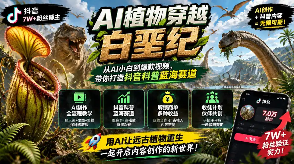 抖音7W粉丝博主的AI植物穿越白垩纪教学,抖音科普蓝海赛道,解锁商单收徒伙伴计划等多种收益-科技美南博客
