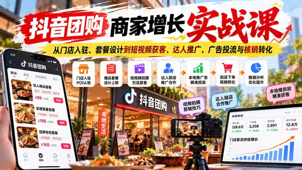抖音团购商家增长实战课：从门店入驻、套餐设计到短视频获客、达人推广、广告投流与核销转化-科技美南博客