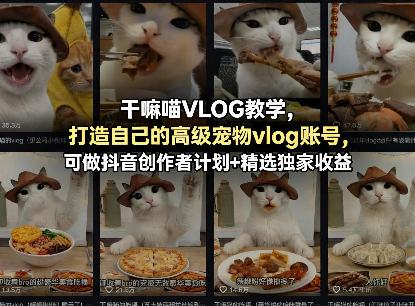 干嘛喵VLOG教学，打造自己的高级宠物vlog账号，可做抖音创作者计划+精选独家收益-科技美南博客