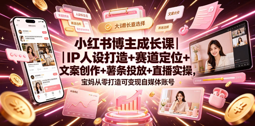 小红书博主成长课｜IP人设打造+赛道定位+文案创作+薯条投放+直播实操，宝妈从零打造可变现自媒体账号-科技美南博客