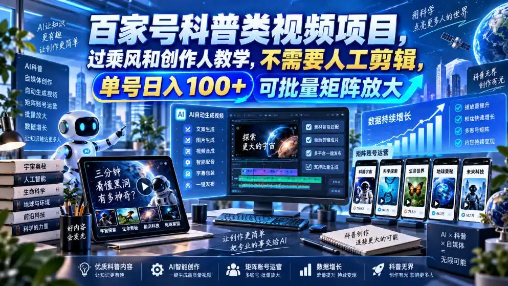 百家号科普类视频项目，过乘风和创作人教学，不需要人工剪辑，单号日入100+可批量矩阵放大-科技美南博客
