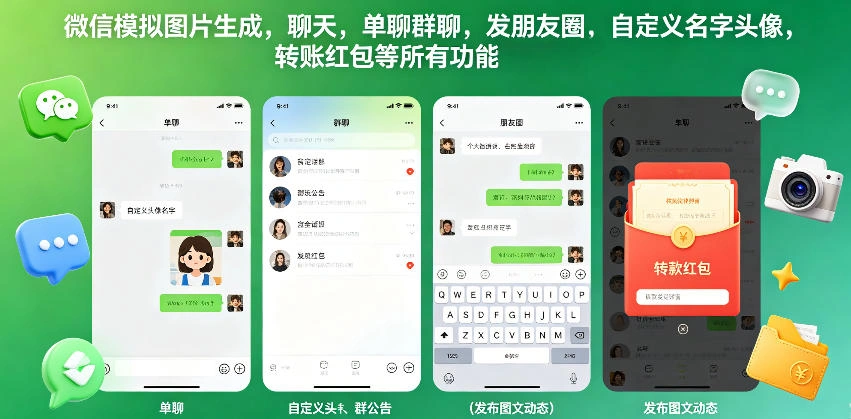 微信模拟图片生成，聊天，单聊群聊，发朋友圈，自定义名字头像，转账红包等所有功能都可以生成-科技美南博客