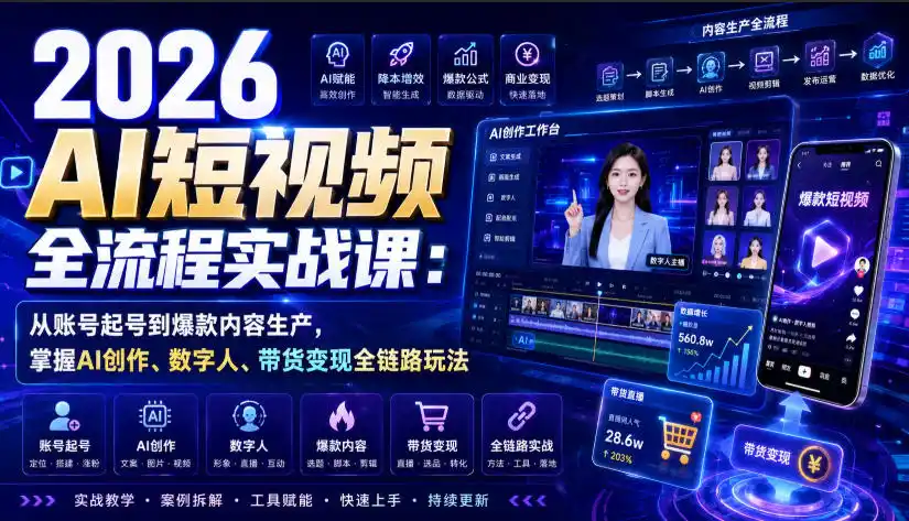 2026 AI短视频全流程实战课：从账号起号到爆款内容生产，掌握AI创作、数字人、带货变现全链路玩法-科技美南博客