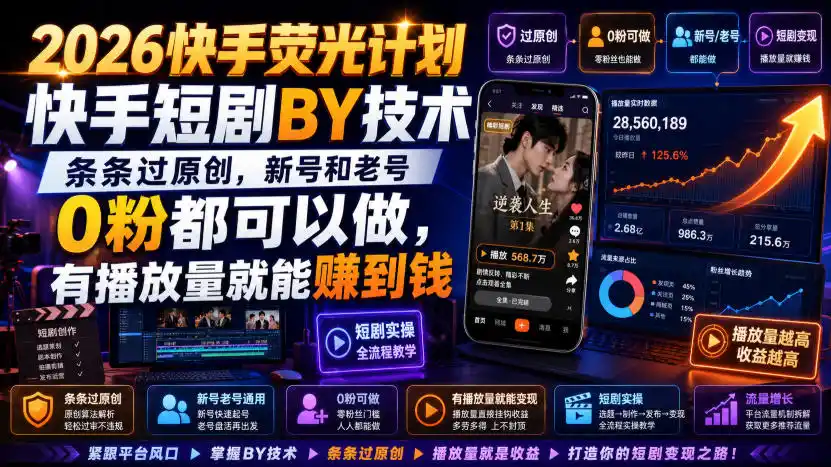 2026快手荧光计划，快手短剧搬运技术，条条过原创，新号和老号0粉都可以做，有播放量就能賺到钱-科技美南博客