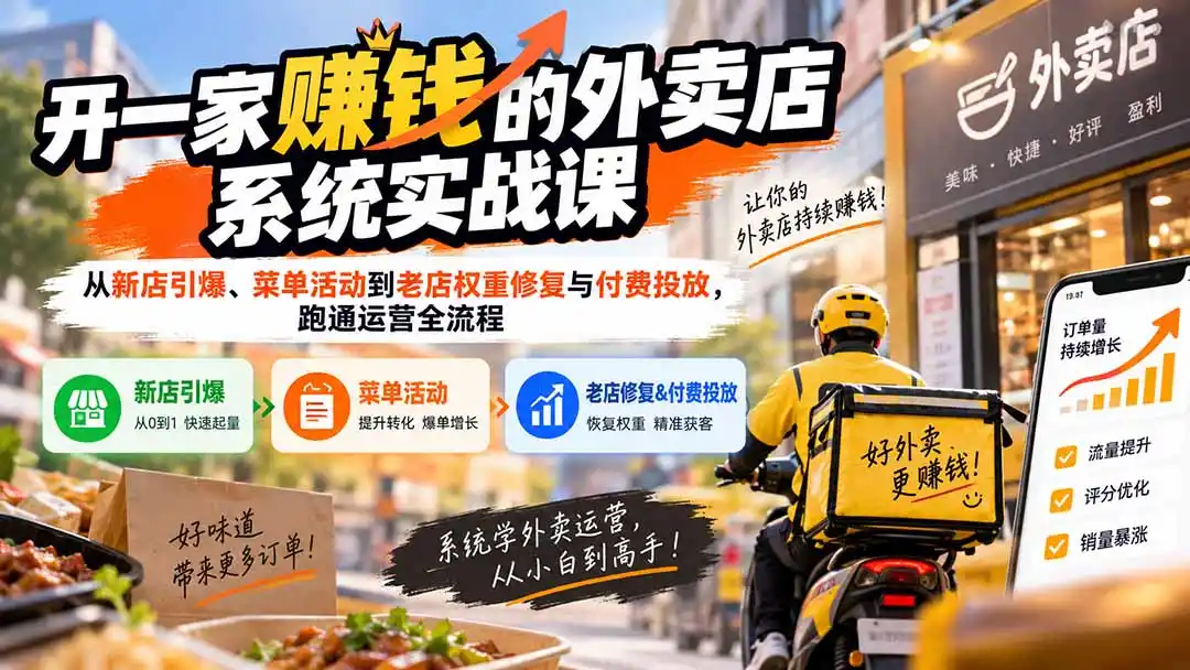 开一家赚钱的外卖店系统实战课:从新店引爆、菜单活动到老店权重修复与付费投放,跑通运营全流程-科技美南博客