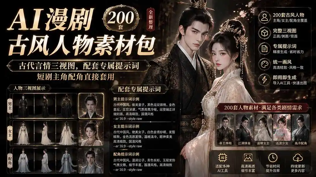 AI漫剧古风人物素材包+提示词｜200 套古代言情三视图，配套专属提示词短剧主角配角直接套用-科技美南博客
