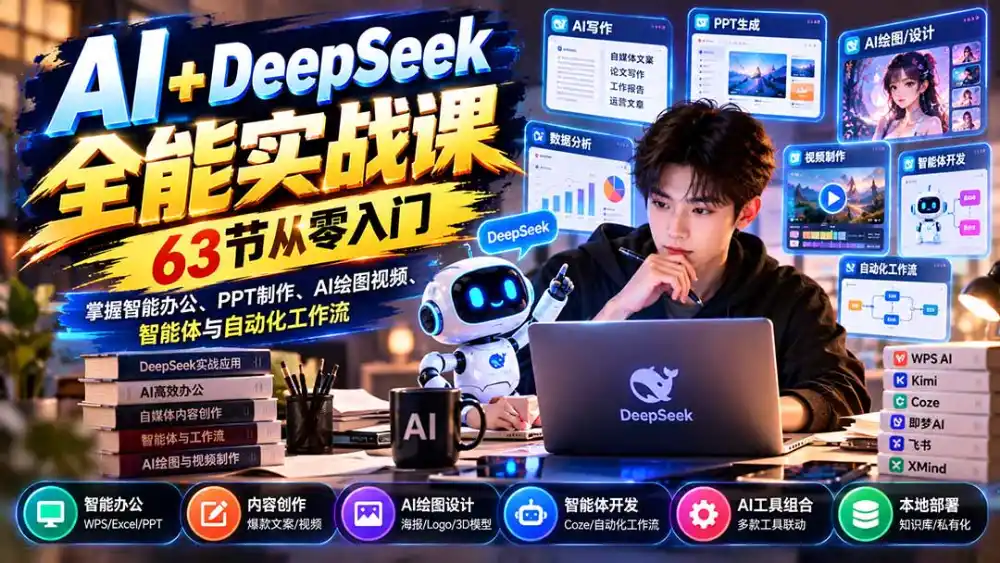 AI+DeepSeek全能实战课：63节从零入门，掌握智能办公、PPT制作、AI绘图视频、智能体与自动化工作流-科技美南博客
