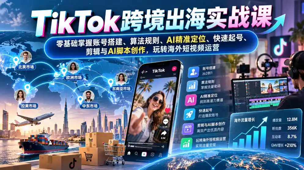 TikTok跨境出海实战课：零基础掌握账号搭建、算法规则、AI精准定位、快速起号、剪辑与AI脚本创作，玩转海外短视频运营-科技美南博客