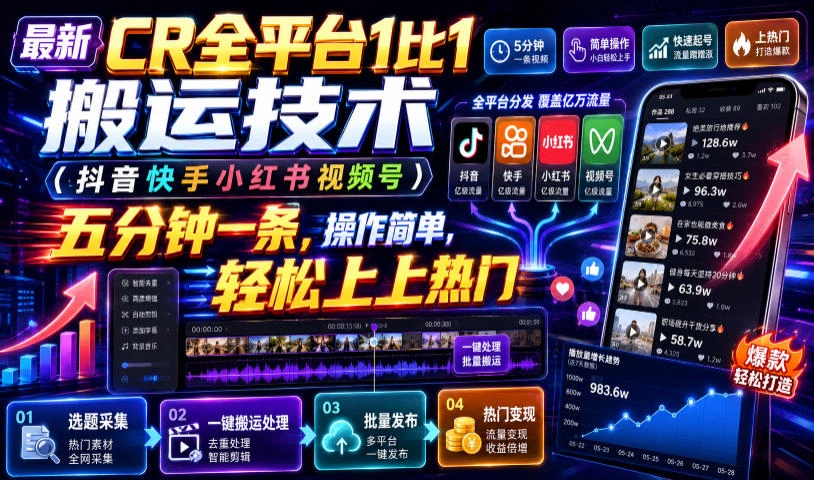 最新CR全平台1比1搬运技术(抖音快手小红书视频号)五分钟分钟一条，操作简单，轻松上热门(教程+软件+参数)-科技美南博客