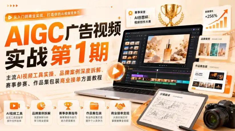 AIGC广告视频实战第1期,主流AI视频工具实操、品牌案例深度拆解、赛事参赛、作品集包装商业接单方面教程