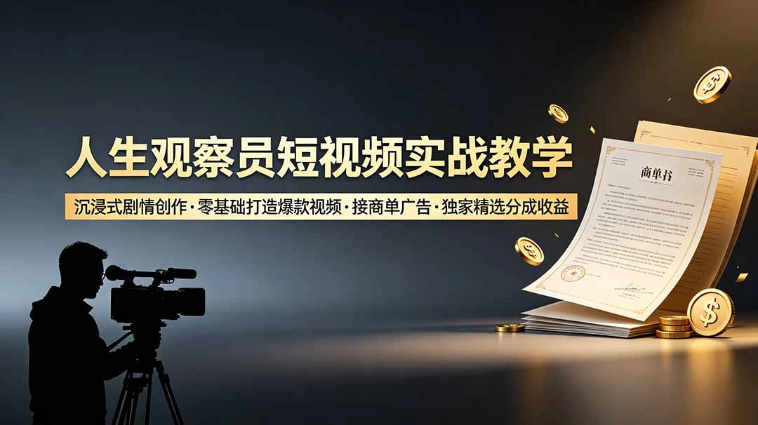 人生观察员短视频实战教学，沉浸式剧情创作，零基础打造爆款视频，接商单广告，独家精选分成收益-科技美南博客