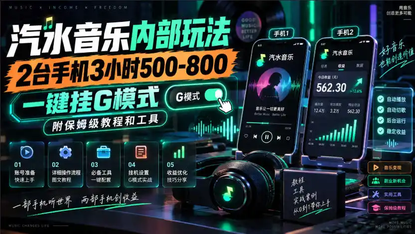 汽水音乐内部玩法,2台手机3小时500-800,一键挂G模式,附保姆级教程和工具【揭秘】-科技美南博客