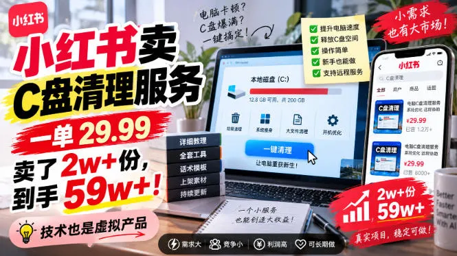 小红书卖C盘清理服务,一单29.99,卖了2w+份,技术也是虚拟产品-科技美南博客
