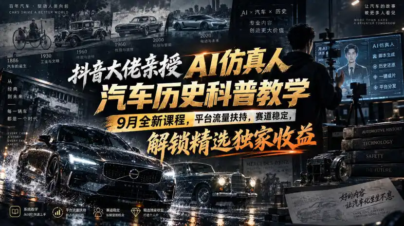 抖音大佬亲授AI仿真人汽车历史科普教学,9月全新课程,平台流量扶持,赛道稳定,解锁精选独家收益