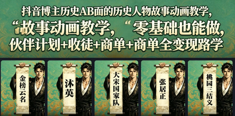 抖音博主历史AB面的历史人物故事动画教学，零基础也能做，伙伴计划+收徒+商单全变现路径教学-科技美南博客
