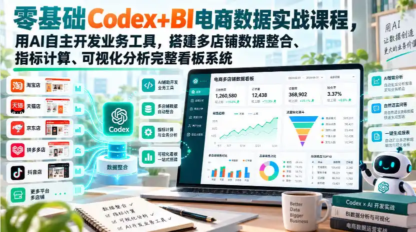 零基础Codex+BI电商数据实战课程,用AI自主开发业务工具,搭建多店铺数据整合、指标计算、可视化分析完整看板系统-科技美南博客