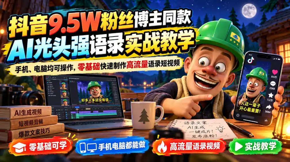 抖音9.5W粉丝博主同款AI光头强语录实战教学，手机、电脑均可操作，零基础快速制作高流量语录短视频-科技美南博客