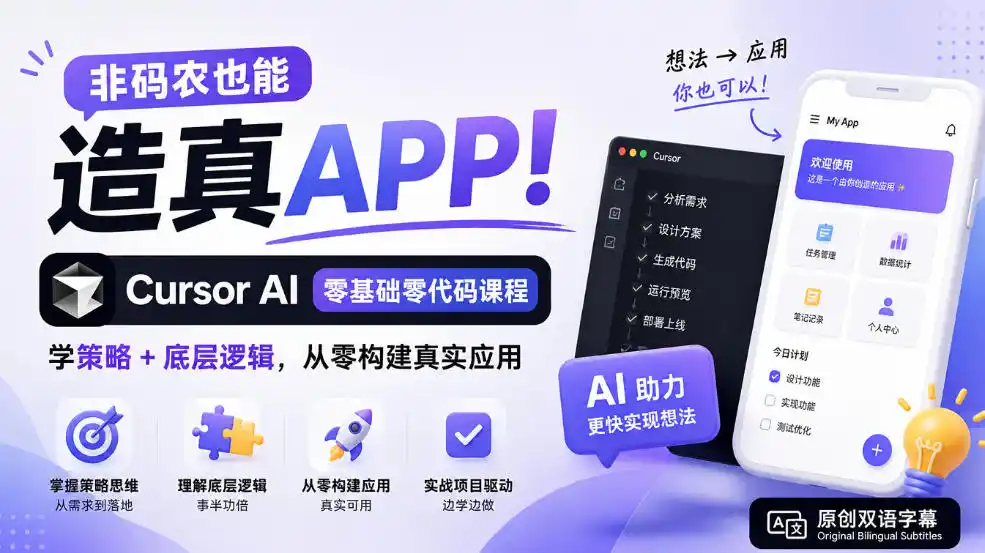 非码农也能造真APP！Cursor AI零基础零代码课程：学策略+底层逻辑，从零构建真实应用【原创双语字幕】-科技美南博客