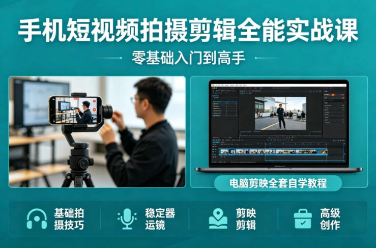 手机短视频拍摄剪辑全能实战课：零基础入门到高手，稳定器运镜+电脑剪映全套自学教程-科技美南博客