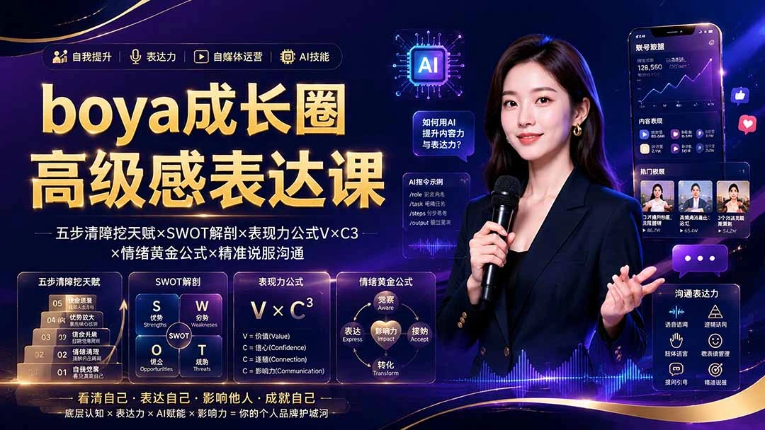 boya成长圈｜内心成长高级表达AI自媒体三合一，消解内耗挖掘天赋，镜头沟通AI指令短视频全流程教学-科技美南博客