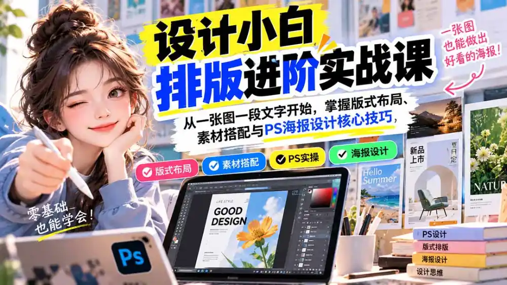 设计小白排版进阶实战课：从一张图一段文字开始，掌握版式布局、素材搭配与PS海报设计核心技巧-科技美南博客