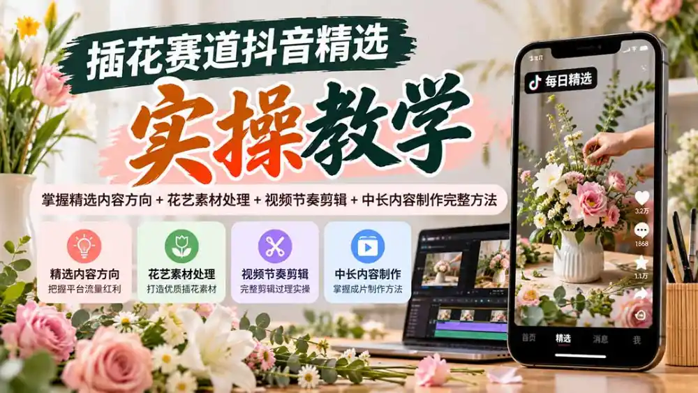 插花赛道抖音精选实操教学：掌握精选内容方向+花艺素材处理+视频节奏剪辑+中长内容制作完整方法-科技美南博客