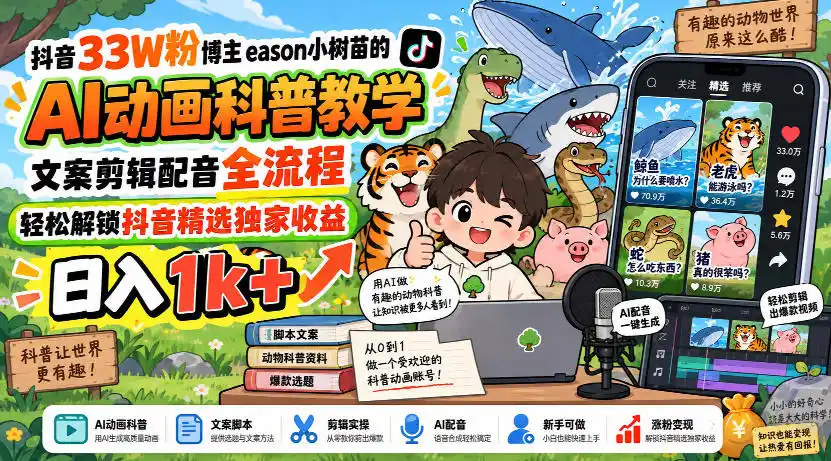 抖音33W粉博主eason小树苗的AI动画科普教学，文案剪辑配音全流程，轻松解锁抖音精选独家收益，日入1k+-科技美南博客