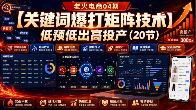 老火电商04期:【关键词爆打矩阵技术】低预低出高投产(20节)