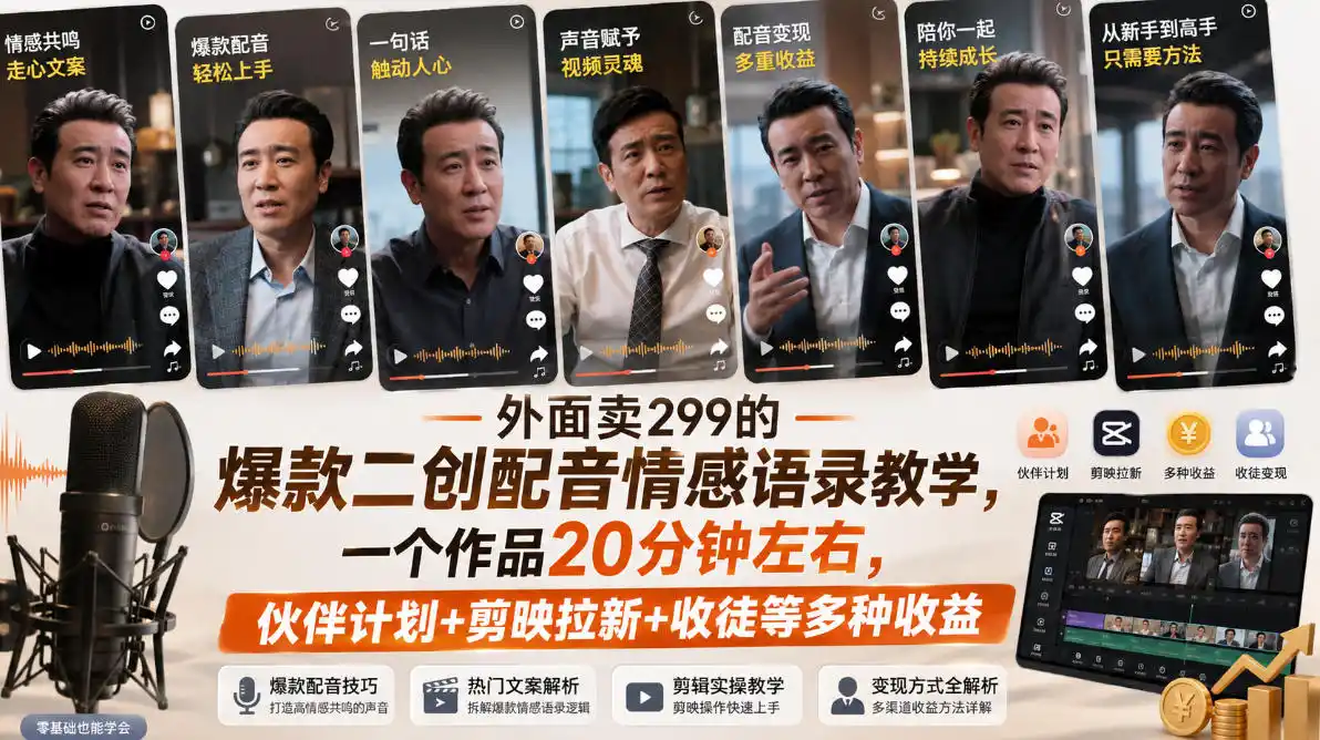 外面卖299的爆款二创配音情感语录教学，一个作品20分钟左右，伙伴计划+剪映拉新+收徒等多种收益-科技美南博客