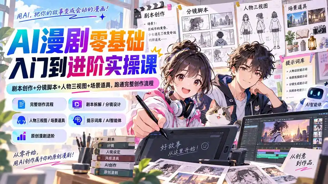 AI漫剧零基础入门到进阶实操课：剧本创作+分镜脚本+人物三视图+场景道具，跑通完整创作流程-科技美南博客