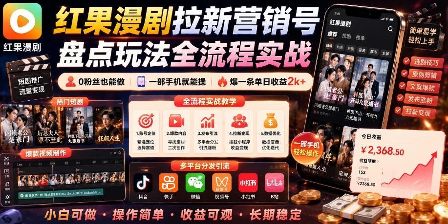 红果漫剧拉新营销号盘点玩法全流程实战，0粉丝也能做，一部手机就能做，爆一条单日收益2k+(更新0628)-科技美南博客