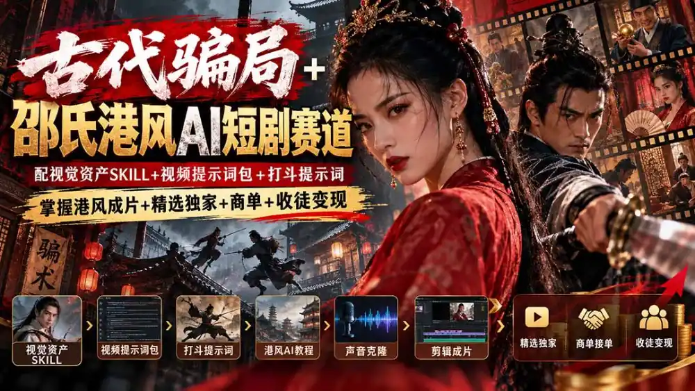 古代骗局+邵氏港风AI短剧赛道:配视觉资产SKILL+视频提示词包+打斗提示词,掌握港风成片+精选独家+商单+收徒变现-科技美南博客