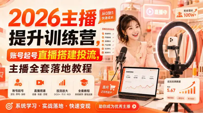 2026主播提升训练营,账号起号直播搭建投流,主播全套落地教程-科技美南博客